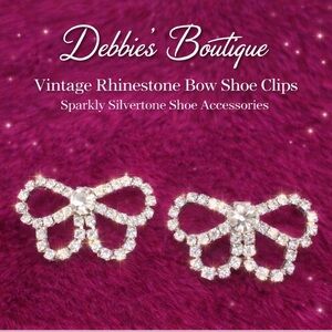Vintage Rhinestone Bow Shoe Clips | Sparkly Silvertone Glam Shoe Accessories